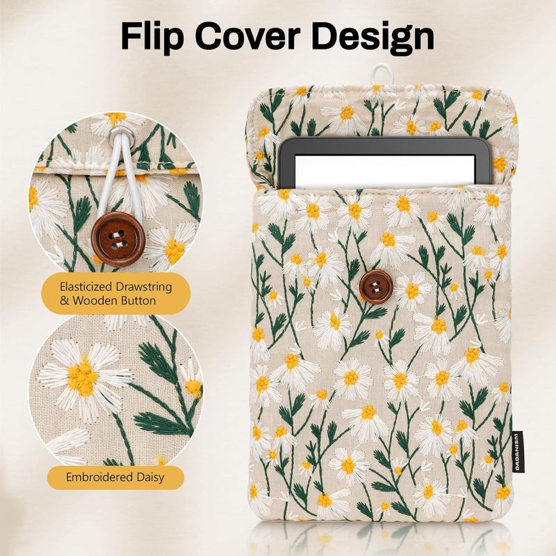 Dadanism 6-7 Inch Embroidered Daisy Floral Padded Sleeve for 7" All-New Kindle Paperwhite/Colorsoft Signature Edition, Protective Sleeve Carrying Case for 6" Kindle E-Reader/Oasis/Kobo E-Reader, Beige - Image 4